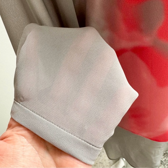 T Tahari | Grey/Pink Watercolor Print Layered Roll-Tab Button Down Blouse - Picture 5 of 16